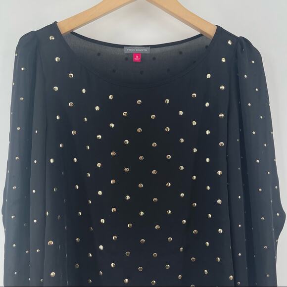VINCE CAMUTO Blouse Black Gold Dot Grommet Holiday Cocktail Sheer Size Medium - Picture 4 of 13
